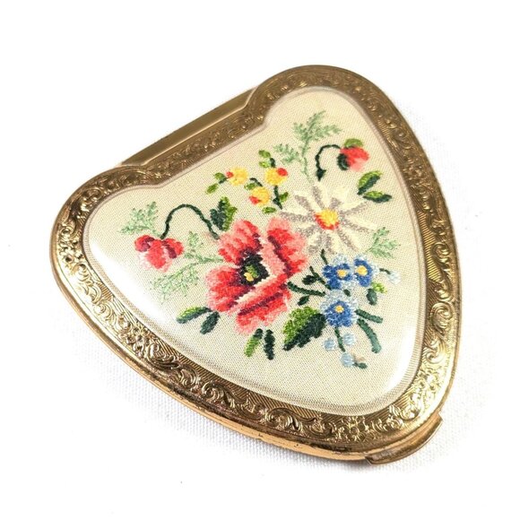 Vintage KIGU Chérie Mirror Compact, Petit Point Floral, Made in England - Picture 1 of 10